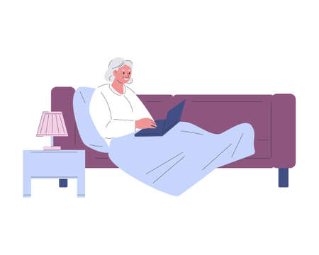 An elderly woman is lying on the couch with a laptop. Vector illustration in flat style.のイラスト素材