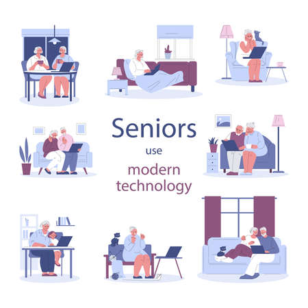 Set of modern seniors with laptop. Internet technologies for the elderly people. Vector illustration in flat style.のイラスト素材