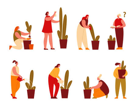 Woman grows and cares for houseplants. Set of vector illustrations in flat.のイラスト素材