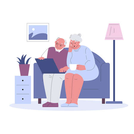Elderly couple with laptop on the couch. Vector illustration in a flat style.のイラスト素材