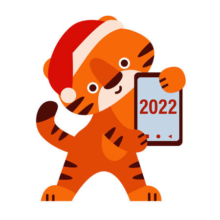 Cute tiger with smartphone in santa hat. Happy new year 2022. Vector illustration in cartoon style. Isolated on white background.のイラスト素材