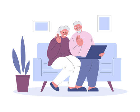 Elderly couple communicates greets with laptop. Vector illustration in flat style.のイラスト素材