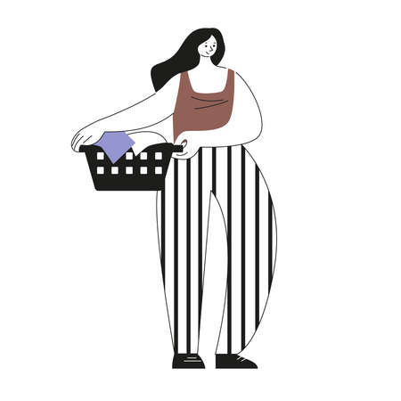 Woman with a basket of laundry Vector illustration in cartoon style. Isolated on a white background.のイラスト素材