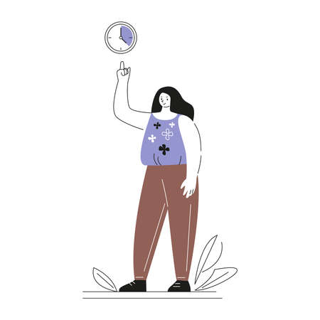 The woman points to the dial of the watch. Vector illustration in cartoon style. Isolated on a white background.のイラスト素材