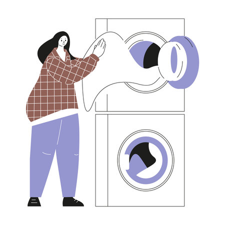 The woman takes out the laundry from the washing machine. Vector illustration in cartoon style. Isolated on a white background.のイラスト素材