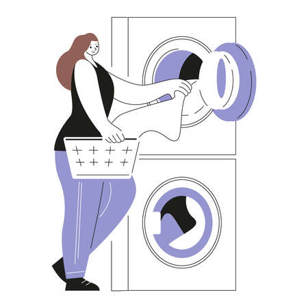 The woman puts the laundry in the washing machine. Vector illustration in cartoon style. Isolated on a white.のイラスト素材