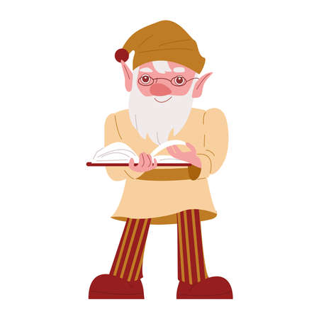 Garden gnome with book. Vector illustration in flat style. Isolated on white.のイラスト素材