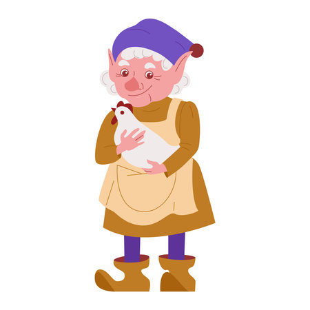 Old lady garden gnome with chicken. Vector illustration in flat style. Isolated on white.のイラスト素材
