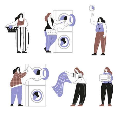 Woman in the laundry. Set of vector illustrations. Isolated on a white background.のイラスト素材