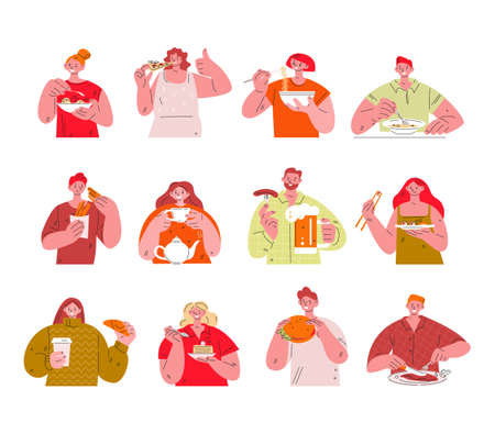 People eating different foods. Set of vector illustrations of characters with meal in flat.のイラスト素材