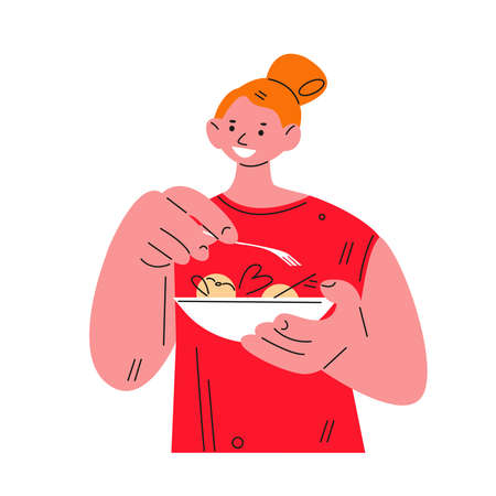Young woman girl eating salad food. Vector illustration in flat.のイラスト素材