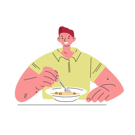 Young man eating soup meal. Vector illustration in flat.のイラスト素材
