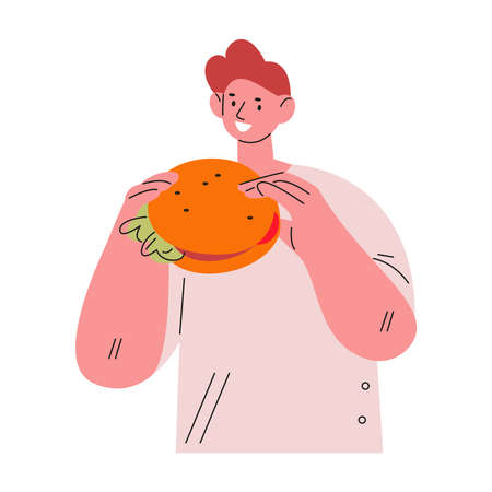 Young man eating burger. Vector illustration in flat.のイラスト素材