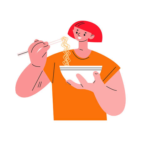 Young woman eating noodles. Vector illustration in flat.のイラスト素材