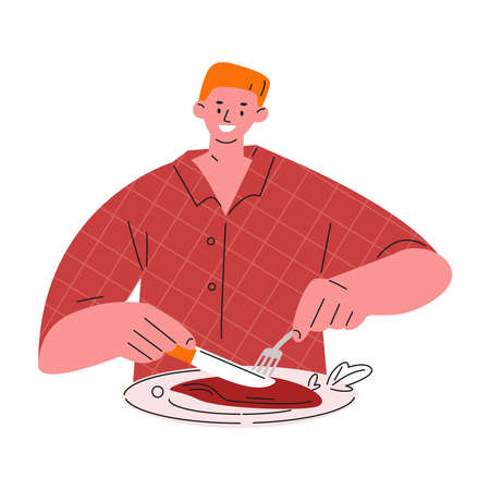 Young man eats meat with fork and knife. Vector illustration in flat.のイラスト素材