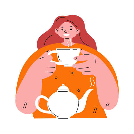 Young woman is drinking tea. Vector illustration in flat.のイラスト素材