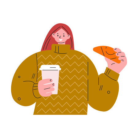 Young woman with coffee and croissant. Vector illustration in flat.のイラスト素材