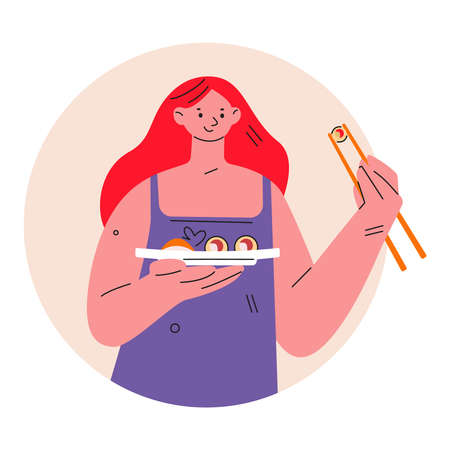 Young woman girl eating sushi rolls food. Vector illustration in flat.のイラスト素材