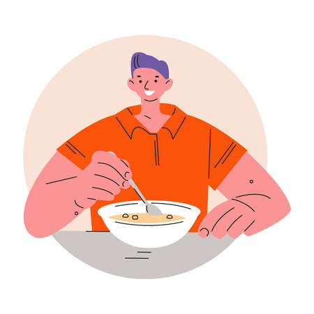 Young man eating soup meal. Vector illustration in flat.のイラスト素材