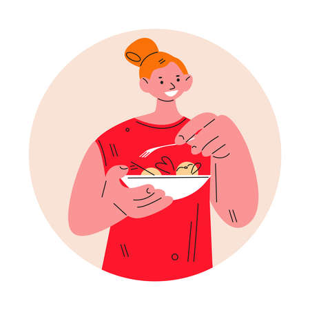 Young woman girl eating salad food. Vector illustration in flat.のイラスト素材