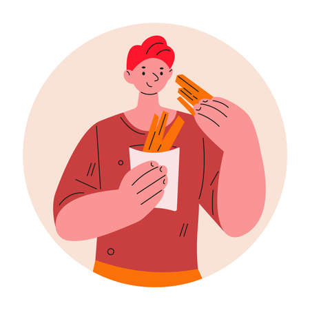 Young man eating French fries. Vector illustration in flat.のイラスト素材