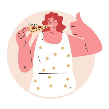 Young woman eating piece of pizza food. Vector illustration in flat.のイラスト素材