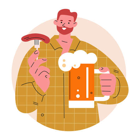The man drinks beer with a sausage. Vector illustration in flat.のイラスト素材