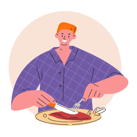 Young man eats meat with fork and knife. Vector illustration in flat.のイラスト素材