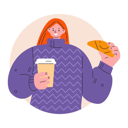 Young woman with coffee and croissant. Vector illustration in flat.のイラスト素材