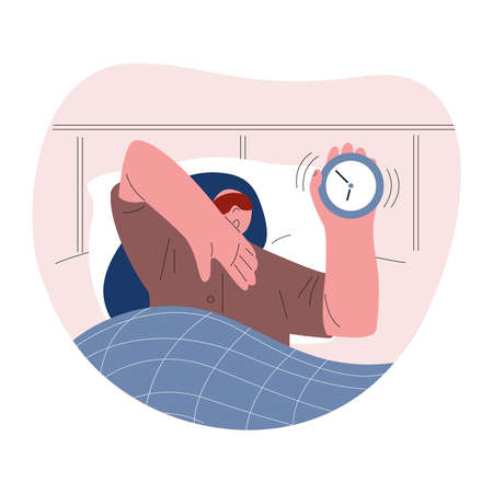A woman in a sleep band wakes up with an alarm clock. Vector illustration in flat style.のイラスト素材