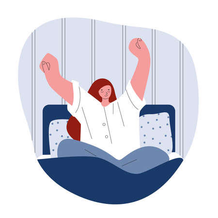 Woman stretches while sitting in bed. Vector illustration in flat style.のイラスト素材