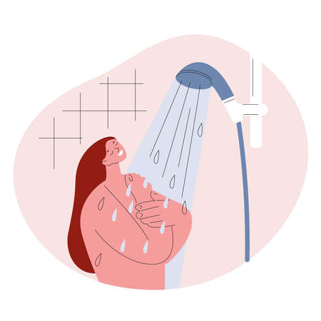 Woman taking a shower.Vector illustration in flat style.のイラスト素材