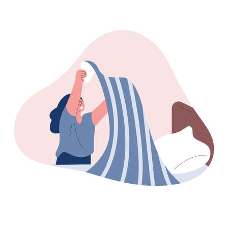 Woman make the bed. Vector illustration in flat style.のイラスト素材