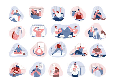 Set of people doing morning routines. Man and woman at home. Vector illustration in flat style.のイラスト素材