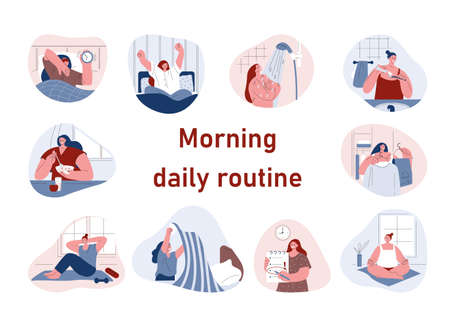 Woman is doing her morning routine. Set of vector illustrations in flat style.のイラスト素材