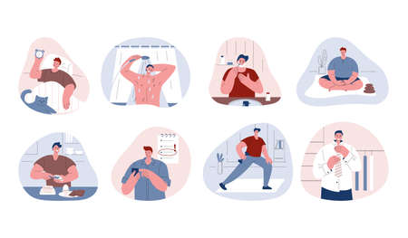 Man is doing morning routine. Set of vector illustrations in flat style.のイラスト素材
