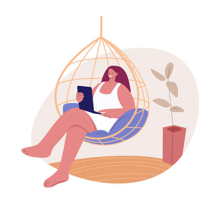 Freelancer woman with laptop sitting in a hanging chair. Vector illustration in flat style.のイラスト素材