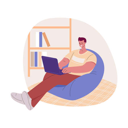 A man freelancer sits with a laptop in a chair at home. Vector illustration in flat.のイラスト素材