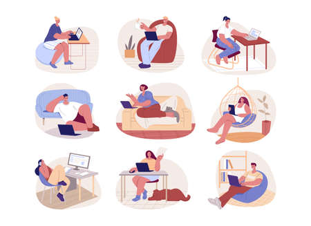 Freelancers man and woman with laptop and computer work at home. Set of vector concepts. Illustration in a flat.のイラスト素材