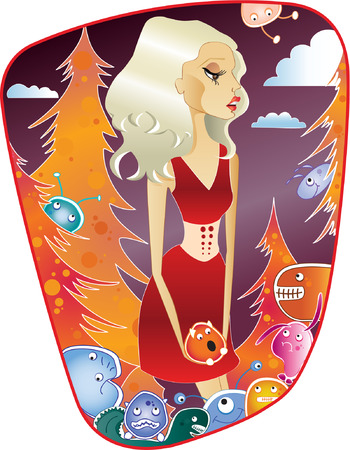 Blond woman with monstersのイラスト素材