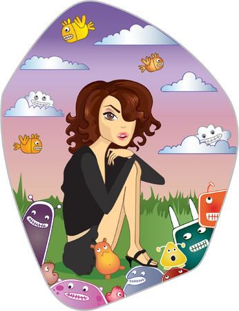 Brunette woman with monstersのイラスト素材