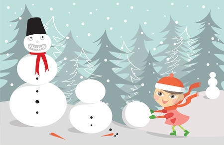 Girl making snowmanのイラスト素材