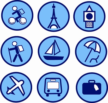 blue traveling and tourism icon set , illustrationのイラスト素材