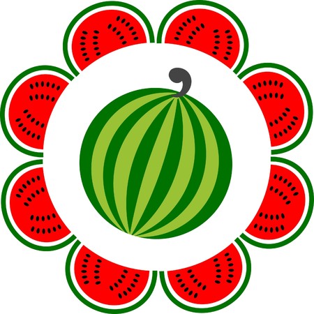 whole and sliced watermelon arranged like a flower, illustrationのイラスト素材
