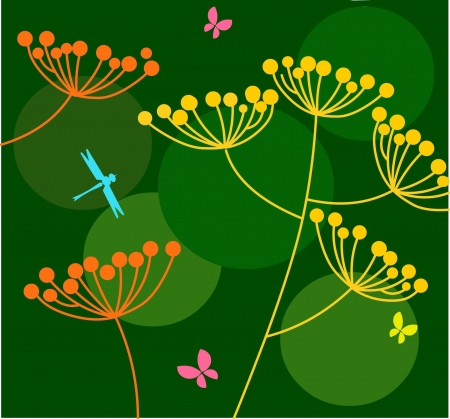 flowers and butterfly on green backgroundのイラスト素材