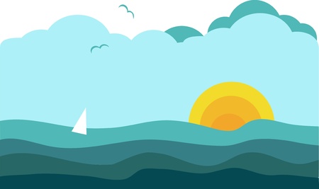 sunny view of ocean with sailing yacht, vector illustrationのイラスト素材