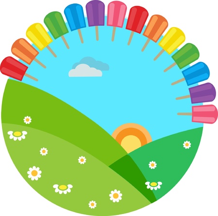 colorful summer meadow with rainbow with ice-creamsのイラスト素材