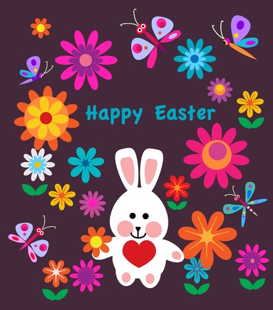 colorful spring flowers and easter bunny easter cardのイラスト素材