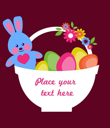 Easter card template with easter basket full on colorful eggs and Easter bunnyのイラスト素材