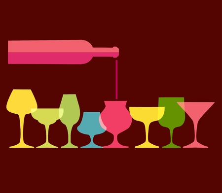 pour of wine into wine colorfull glasses, vector illustrationのイラスト素材